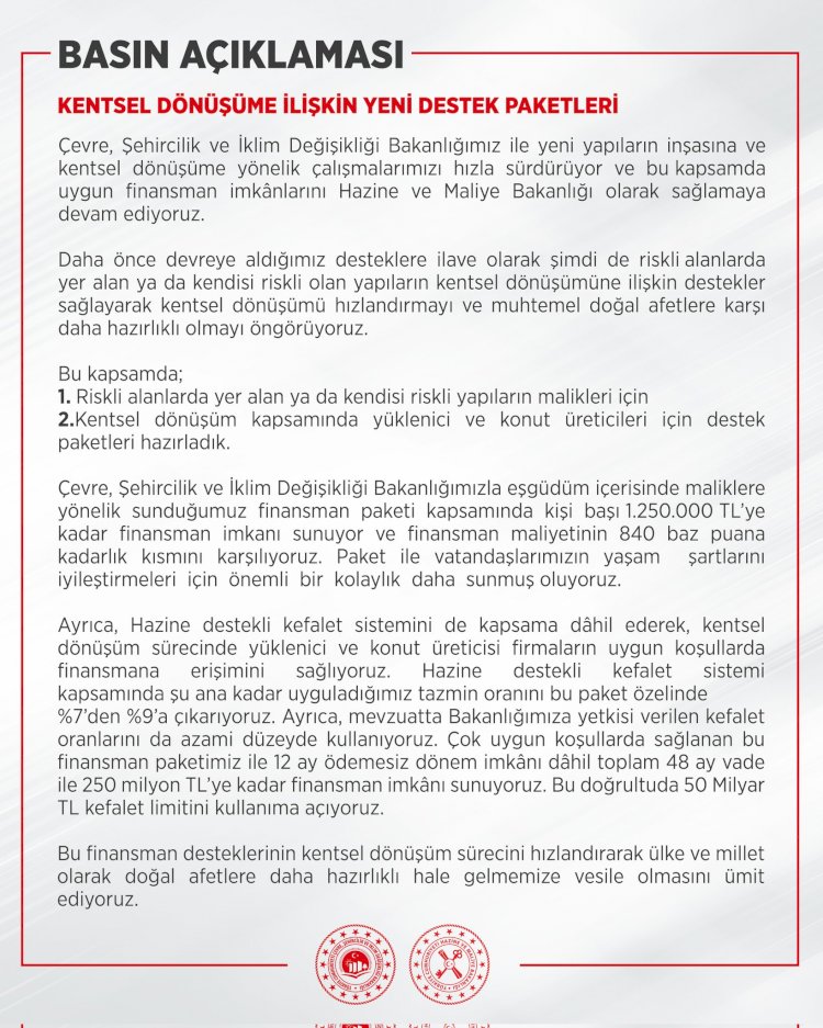 KENTSEL DÖNÜŞÜM DESTEK PAKETİ AÇIKLANDI